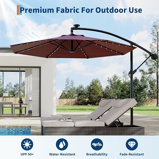 Garvee 10FT Solar Lights Offset Patio Umbrella with Cross Base, Cantilever Umbrella with Easy Lift & Tilt Adjustment, 8 Ribs Sun umbrella UV Protection for Backyard, Pool, Garden, Burgundy