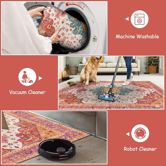 Moynesa Ultra-Thin Washable Vintage Area Rug - 3x5 Boho Girls Bedroom Non-Slip Non-Shedding Oriental Medallion Living Room Mat Indoor Carpet for Office Nursery Room, Pink/Teal/Multi