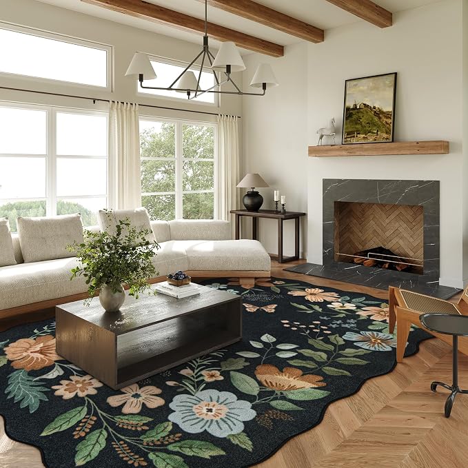 Lahome Floral 9x12 Area Rugs for Living Room, Soft Washable Bedroom Rugs | Non Slip Stain Resistant Ultra-Thin Boho Dining Room Rug Flore Accent Carpet for Office (9x12ft, Black/Grey)
