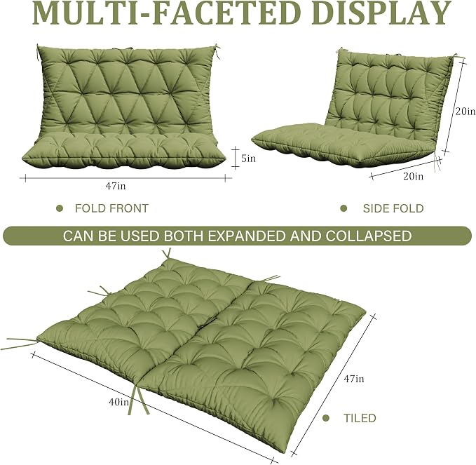 Porch Swing Cushion with Backrest,Waterproof Bench Cushion for Outdoor Furniture,2-3 Seater Replacement Thickened 5 in swing cushion,with Ties,Patio,Outdoor,Backyard and Garden (Light Green,47x40 in)