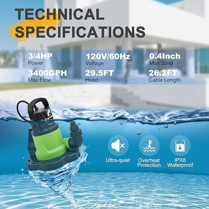 FLUENTPOWER Automatic Pool Cover Pump, 3/4HP 3400GPH Submersible Above Ground Water Removal Pump with Check Valve Adapter, 26FT Power Cord for Pool, Hot Tub, Rooftop, Water Bed, Basement Draining