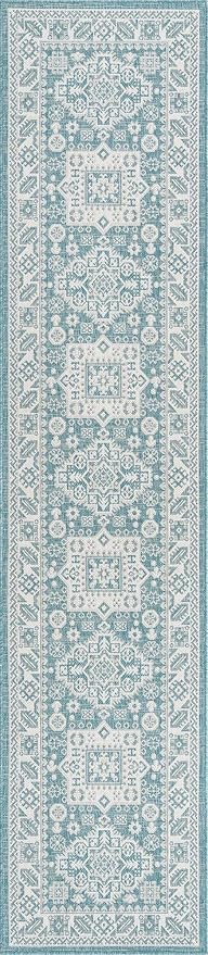 Unique Loom Outdoor Aztec Collection Area Rug - Chalca (2' 7" x 12' Runner, Aqua/ Ivory)