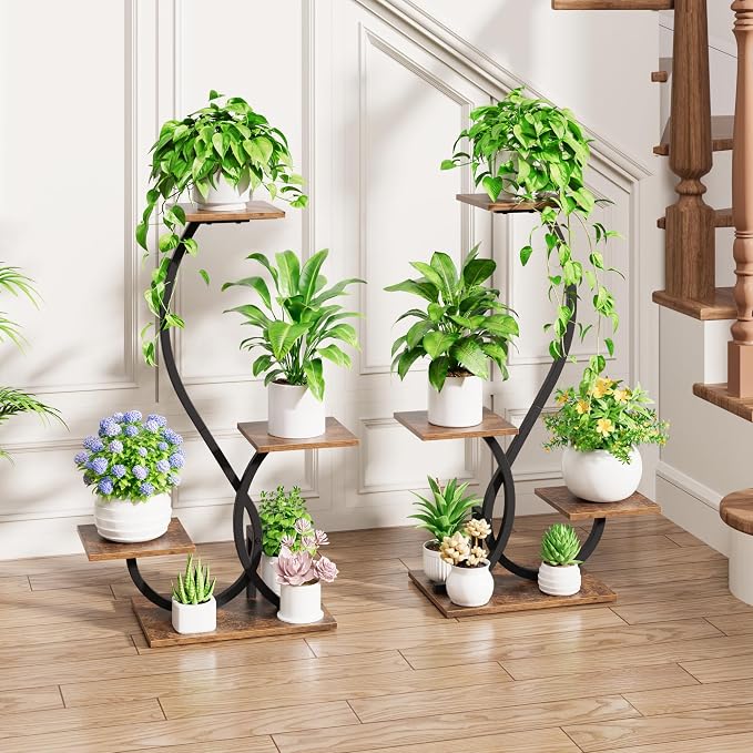 BACEKOLL Plant Stand Indoor with Grow Lights - 2 Pack Plant Shelf, Lighted Corner Plant Stands for Indoor Growing, 4 Tiered Metal Flower Holder, S-Shaped Decorative Shelves for Home, Hallway, Black