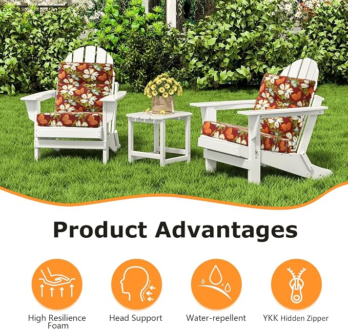 Unimatta Outdoor High Back Chair Cushion Seat Pads, 44 x 21 Inch Water-Repellent & Fade-Resistant Patio Furniture Cushions with Ties for Adirondack, Rocking Chairs, Red Floral