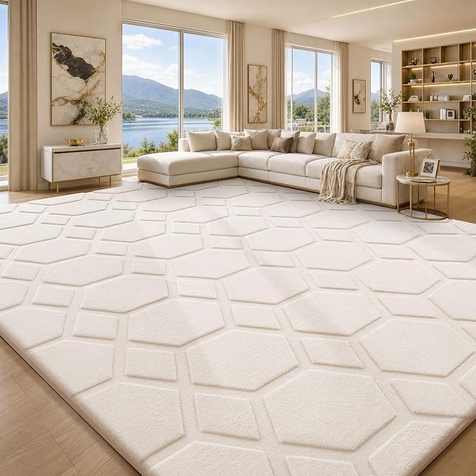 Sour Lemon Area Rugs 9x12 Living Room Bedroom, Large Carpet White Rug | Big, Geometric Alfombra Para Salas Modernas, Washable, Non Slip Soft Thick Fluffy Plush, Memory foam Rug for Kids Playroom