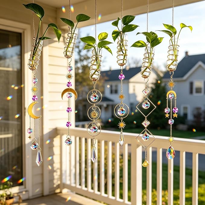 HDCRYSTALGIFTS 6Pcs Crystal Suncatchers with Propagation Stations,Glass Wall Planters for Indoor Plants Hydroponics - Propagation Tubes Jars with Sun Catchers Metal Chain for Home Whimsical Decor