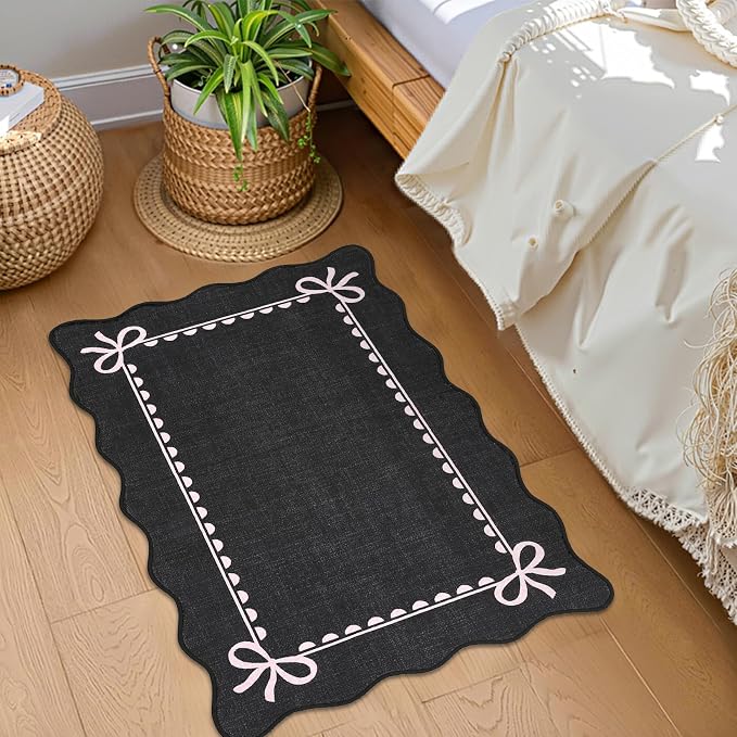 GarveeHome Scalloped Entryway Rug 2x3 Washable Bow Rug, Black Pink | Non Slip Soft Low Pile Ultra-Thin Stain Resistant Indoor Carpet for Girls Dorm Nursery Bedroom Decor Hallway Kitchen Floor