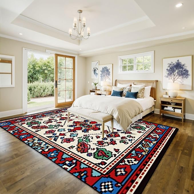 10x14 Area Rugs for Living Room Colorful Oriental Mosaic Traditional Geometric Ornament Floral Motifs Washable Large Area Rug for Bedroom Non Slip Outdoor Carpets Soft Mats Kitchen Home Office Decor