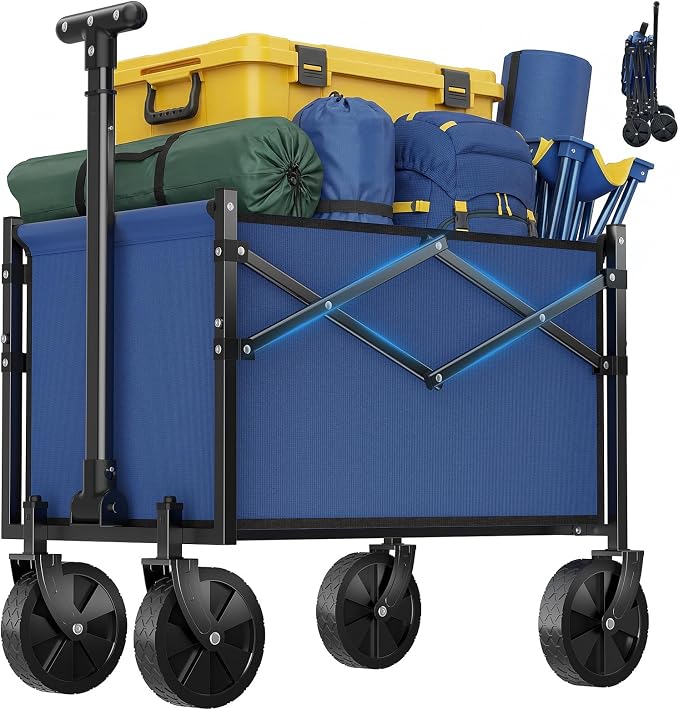 OLIXIS Collapsible Wagon Cart with Wheels 220 lbs Capacity, Heavy Duty Mini Foldable Portable Wagon with Adjustable Handle, Small Foldable Cart for Camping, Garden, Sports, Beach, Shopping - Blue