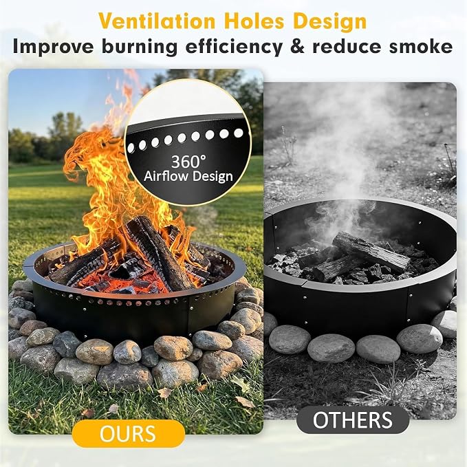 Smokeless Fire Pit Ring, 32 inch Outer/28 inch Inner Outside Fire Pit, Heavy Duty Large Solid Metal Steel Round Firepit Rim Insert for Outside Wood Burning, DIY Campfire Ring