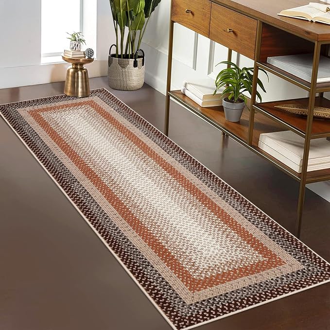 RUGSREAL Washable Runner Rug 2x8 Non Slip Braided Hallway Runner Mat | Stain Resistant Kitchen Farmhouse Printed Carpet Rustic Accent Runners for Living Room Bathroom Entryway, Brown/Rust