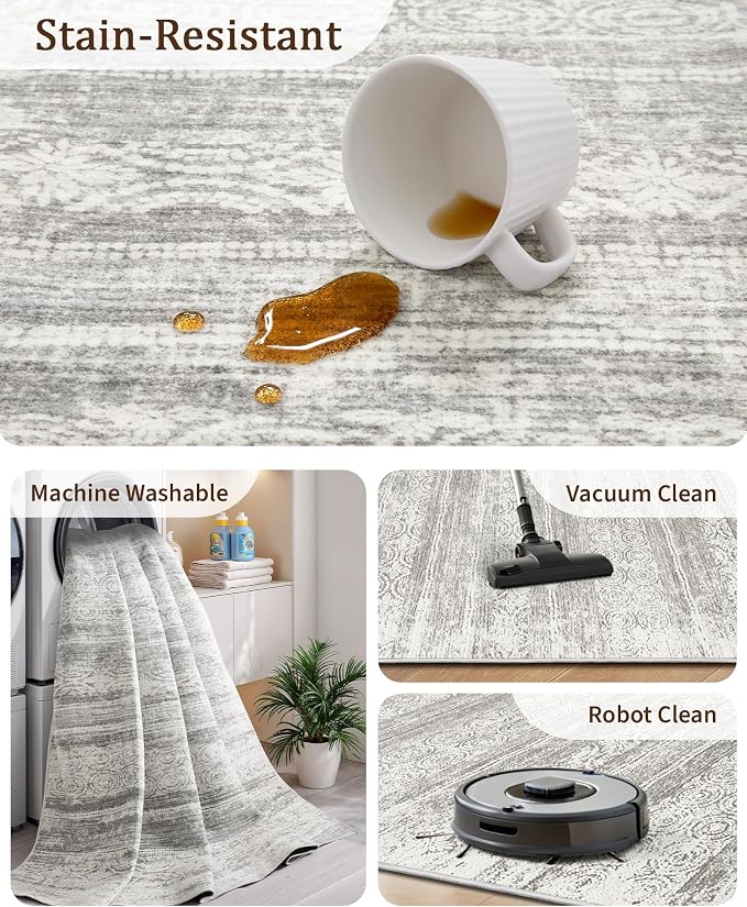 Miukiki 3x5 Washable Area Rug Moroccan Soft Non Slip Entryway Rug Grey | Machine Washable 3x5 Rug for Bedroom Kitchen Living Room, Low Pile Indoor Floor Carpet with Vintage Pattern