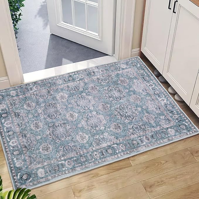 SERISSA 2x3 Washable Non Slip Floral Boho Small Area Rug for Entryway | Ultra Soft Vintage Floral Carpet Low-Pile Blue Grey Indoor Mat Throw Rug for Bedroom Kitchen Bathroom Entrance Floor