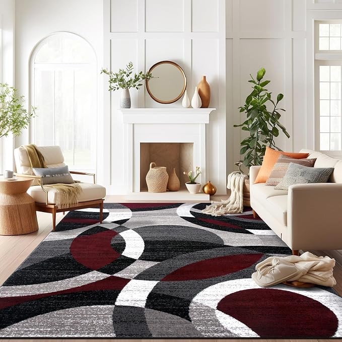 Rugshop Overlapping Circle Modern Geometric Area Rug Red 7'10" x 10'2" | Indoor, Non-Shedding, Rectangular, Size 7'10" x 10'2", Living Room, Bedroom, Dining Room, Home Office, Kitchen, Entryway