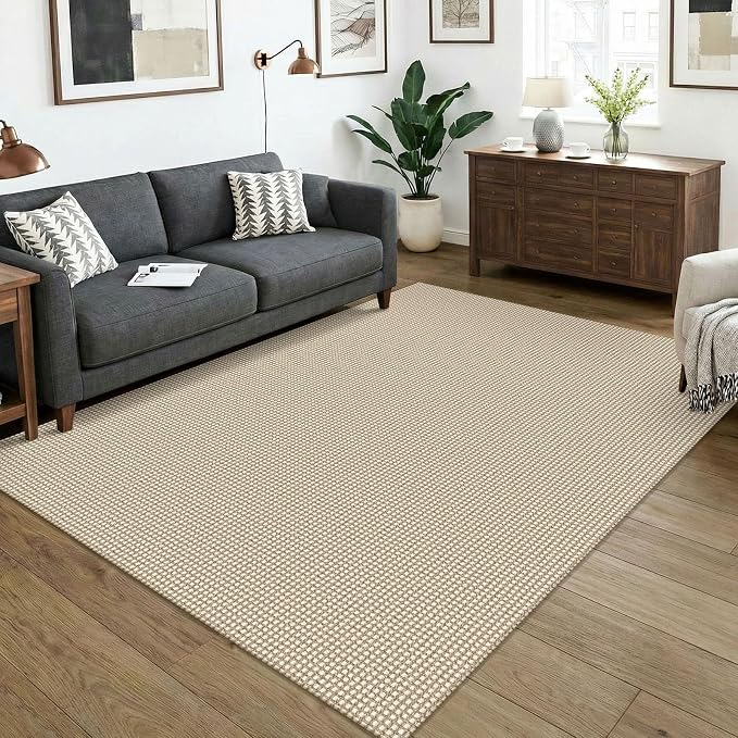KOZYFLY Washable 5x7 Living Room Rug, Non Slip Woven Area Rugs, Braided Floor Carpet for Entryway, Kitchen, Bedroom, Dining Room, Office, Cotton Rug Indoor Decor, Ivory/Camel/Brown