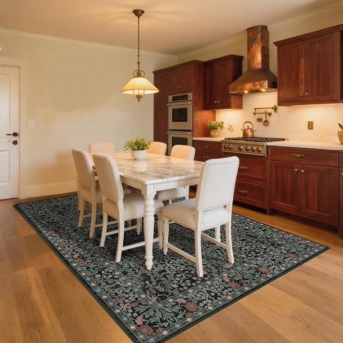 9x12 Washable Area Rugs for Living Room, Stain Resistant Vintage Rugs for Dining Room Under Kitchen Table, Bedroom, Floral Low Pile Non-Slip Large Carpet (9 x 12 Dark Green)