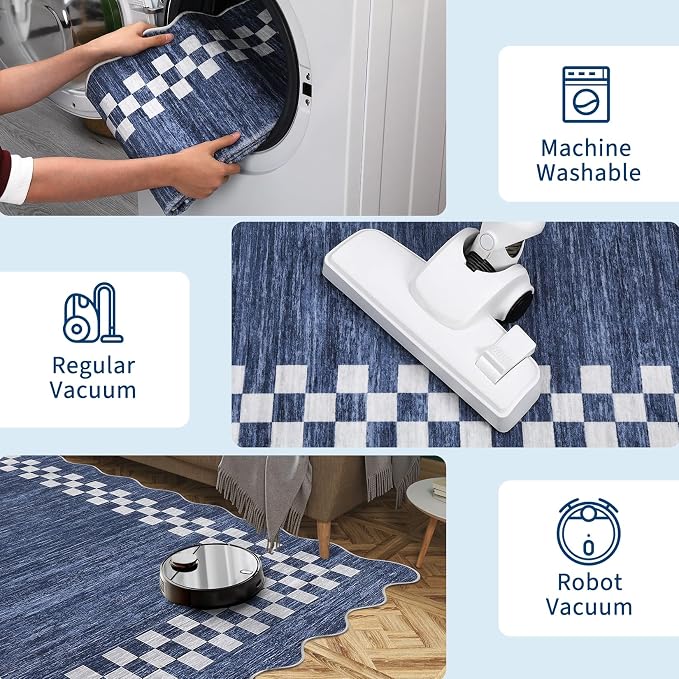 GarveeHome Washable Rug 5x7 for Living Room Large Bedroom Scalloped Rug | Non Slip Stain Resistant Modern Border Throw Carpet Soft Neutral Rug for Dining Room Nursery Home Office, Blue