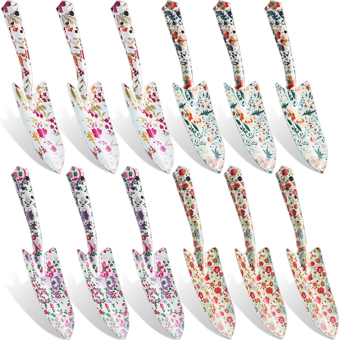 12 Pcs Floral Garden Shovels Bulk Gardening Gift for Women Heavy Duty Metal Garden Tools Floral Hand Shovel Planting for Summer Employees Birthday Thank You Gifts (Colorful Flowers)