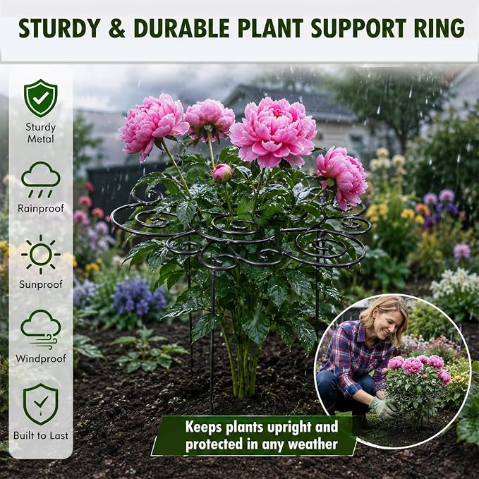 Metal Plant Support Ring for Garden, Heavy-Duty Peony & Dahlia Cage, Stackable Flower Support for Indoor & Outdoor Plants, Decorative Grow-Through Ring, Orchid Clip