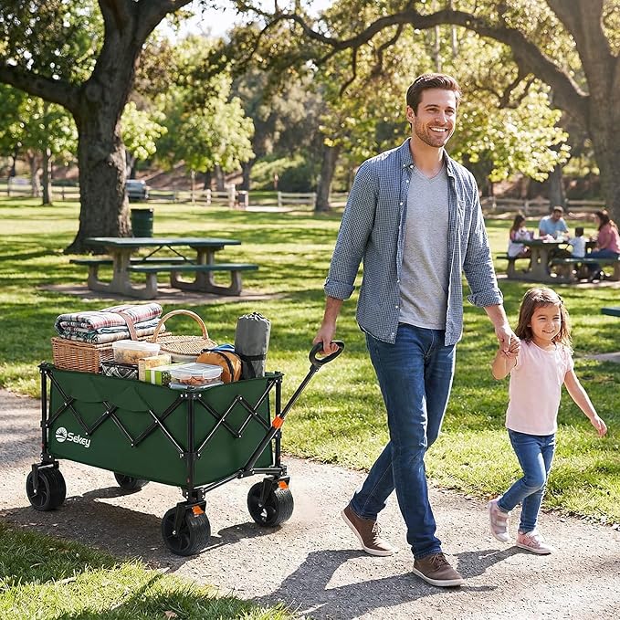 Sekey 250L Wagons Carts Foldable with Big All-Terrian Beach Wheels, Collapsible Heavy Duty Wagon, Extra Large Folding Wagon,Foldable Wagon for Camping, Garden, Sports. Dark Green