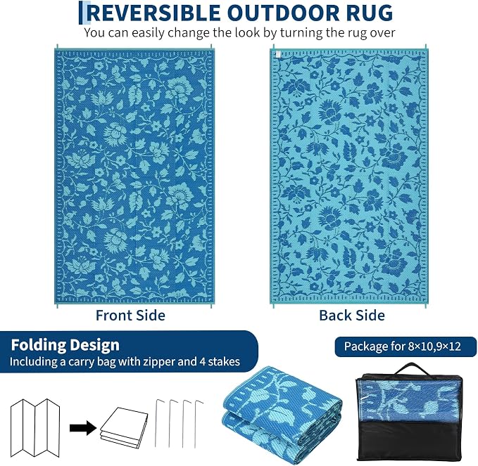 Garvee 5x8 Outdoor Patio Rug, Floral Waterproof Outdoor Rug for Camping with Portable Bag, Vintage Plastic Straw RV Rugs for Outside, Reversible Mats for Picnic Backyard Porch Balcony, Dark Blue