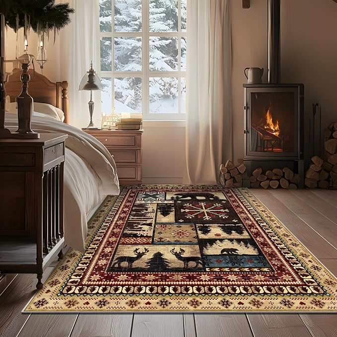LOKHOM 3x5 Rustic Cabin Area Rug, Washable Western Lodge Bear Entryway Rug | Bear Pattern, Non-Slip, Low Pile Soft Doormat, Vintage Wildlife Accent, For Living Room Bedroom Kitchen Entryway