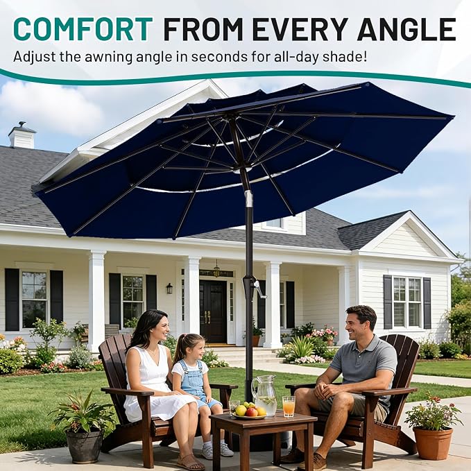 AreShark 9ft 3-Tier Patio Umbrellas, Outdoor Umbrella with 8 Sturdy Ribs UV Protection Windproof, Market Table Umbrella w/Push Button Tilt & Crank for Pool, Porch, Deck, Garden(Navy)