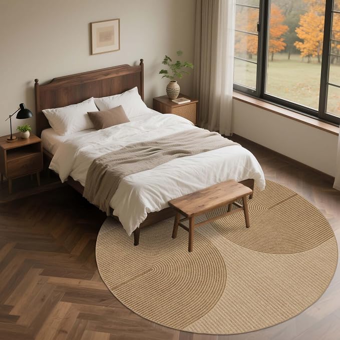 Easy Jute Round Rug 6ft: Outdoor Natural Area Rugs for Patio Linen-Look Fabric Durable - Neutral Washable Carpet for Living Room Bedroom Non-Slip - Geometric Arch Pattern
