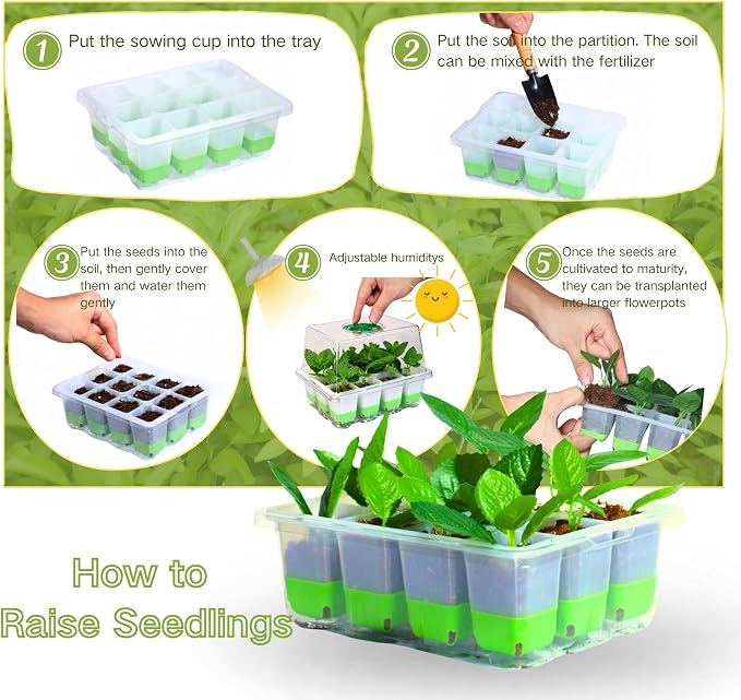 Silicone Seed Starter Tray with Humidity Dome, Indoor Seedling Starter Kit, 5-Pack Flexible Germination Trays - Adjustable Vent, Reusable & Dishwasher Safe for Herbs/Vegetables/Flowers