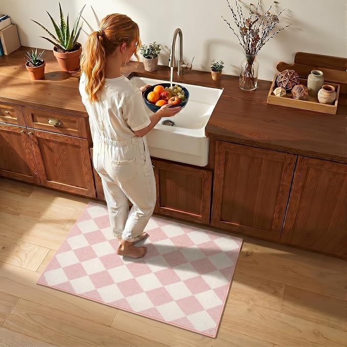 GarveeHome Checkered Entryway Rug 2x3 Pink Diamond Washable Front Door Rug | Soft Indoor Entrance Plaid Carpet Non-Slip Low Pile Throw Rugs for Kitchen Floor, Powder Room, Entry, Bathroom, Kids Room