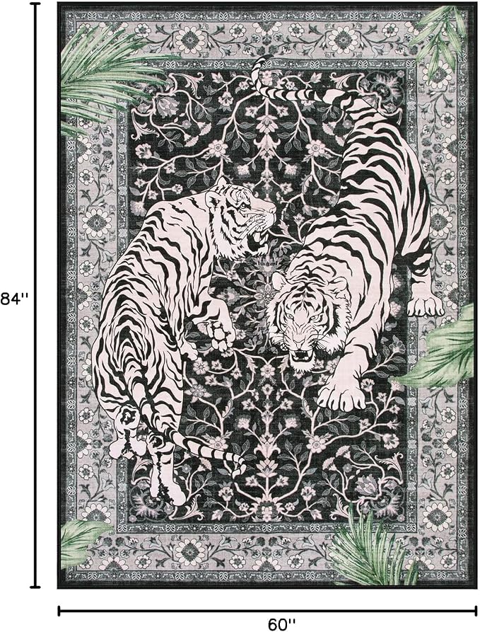 Moynesa Tiger 5x7 Area Rugs, Boho Washable Rugs for Living Room, Vintage Soft Dining Room Rug, Non Slip Ultra Thin Stain Resistant Large Floor Carpet for Office Bedroom, Black