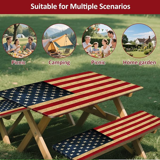 Picnic Table Cover with Bench Covers 6FT 3PCS, Camping Essentials Waterproof Windproof Tablecloth with Drawstring Bag, Fitted Rectangle Tables and Seats, 72", US Flag