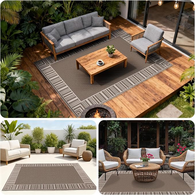 COZYLOOM Indoor Outdoor Rugs 8x10 Modern Easy Jute Washable Area Rug,Taupe | Non Slip Neutral Bordered Non Shedding Stain Resistant Foldable Rug for Living Room Dining Room Bedroom Patio Backyard