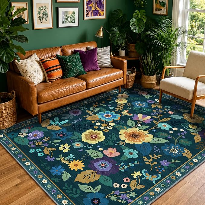 RELEANY Floral Washable 8x10 Area Rugs Teal/Purple | Flower Carpet, Print, Boho, Non-Slip, Easy to Clean, Soft, Low Pile for Living Room Bedroom Kitchen Office Entryway Hallway