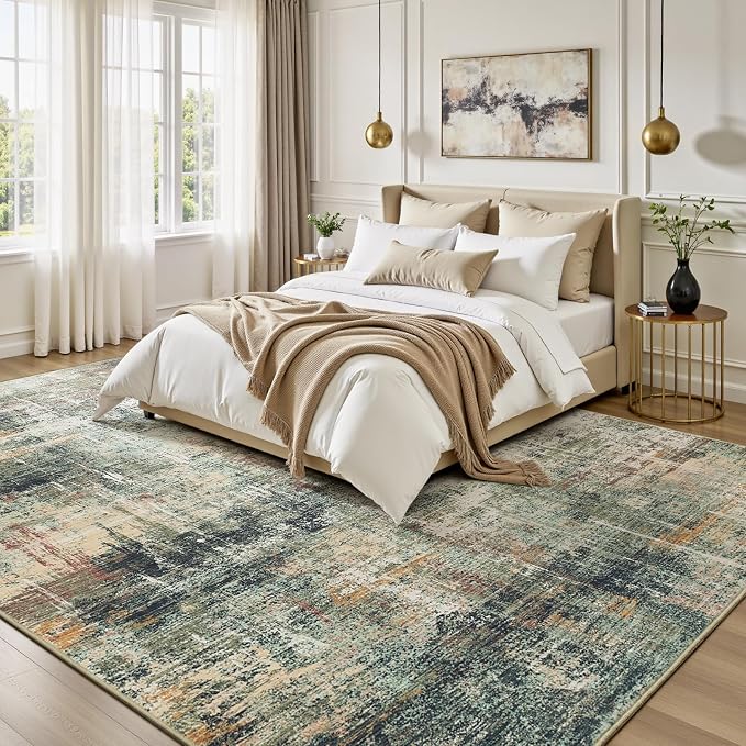 5x7 Area Rug for Living Room, Abstract Washable Non-Slip Rugs, Coffee/Green | Neutral Modern Carpet for Bedroom Dining Room Home Office Nursery, Stain Resistant Non-Shedding Foldable Indoor Rug