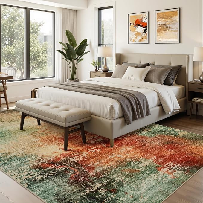 Joydeco 6x9 Area Rugs for Living Room, Non-Slip Modern Abstract Soft Washable Rug, Low Pile Carpet for Bedroom, Dining Room, Home Office, Pet & Child Friendly, Green & Orange & White