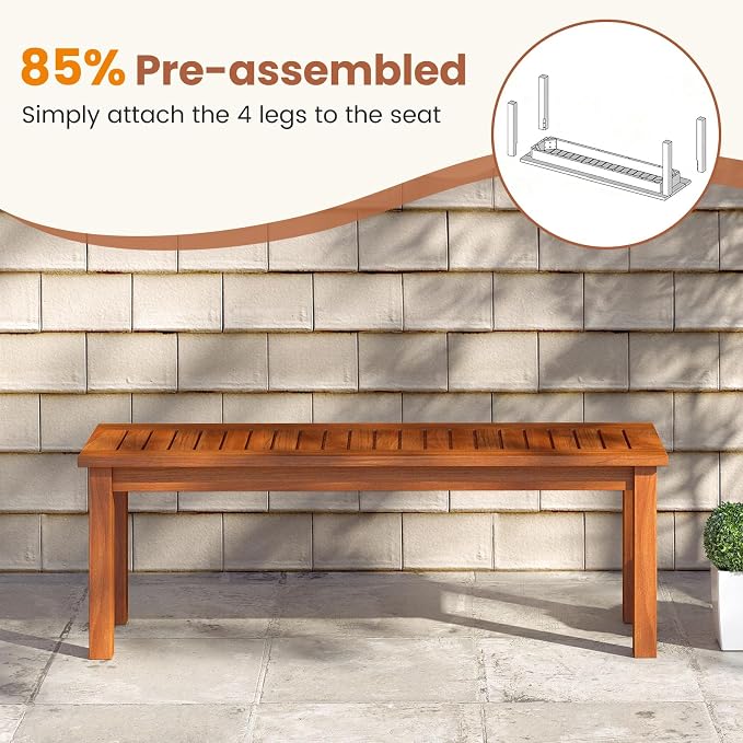 Tangkula Outdoor Wood Bench, 2-Person Backless Patio Garden Bench with Slatted Seat, Front Porch Dining Seating Furniture for Deck, Yard and Park (1)