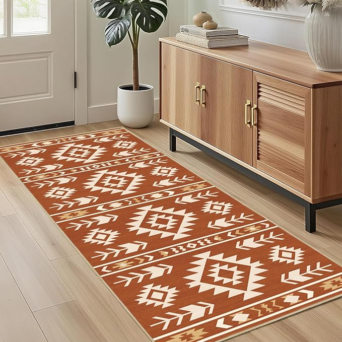 Western Runner Rug 2x6 for Hallway Kitchen Bedroom, Southwestern Aztec Tribal Runner Rugs Southwest Navajo Machine Washable Rug Non-Slip Printed Low-Pile Floor Carpet Mat for Living Room, Yellow Brown