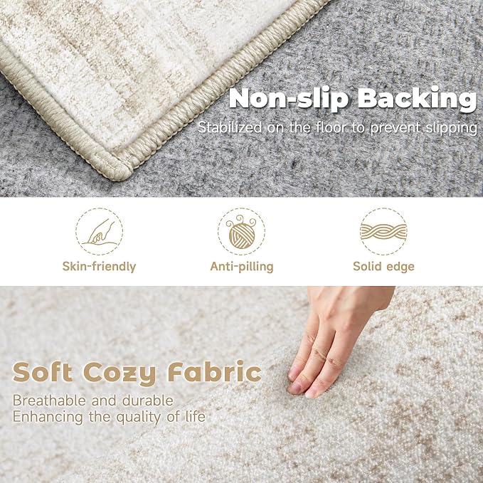 8x10 Area Rugs Washable Rug: Abstract Neutral Rugs Modern Non Slip Area Rug Stain Resistant Low Pile Indoor Carpet for Dining Room Bedroom Nursery Office (Beige, 8'x10')