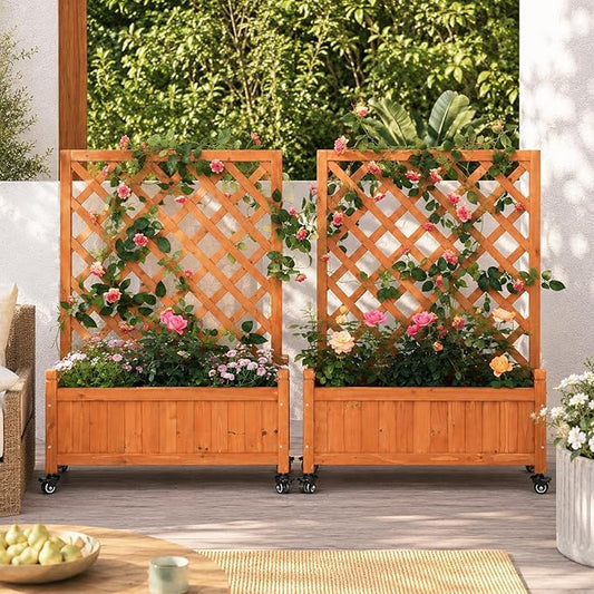 2 Pack Trellis Raised Garden Bed with Wheels, 38" Tall Wooden Planter Box with Trellis, Lattice Privacy Screen with Drainage Holes for Patio Balcony Garden