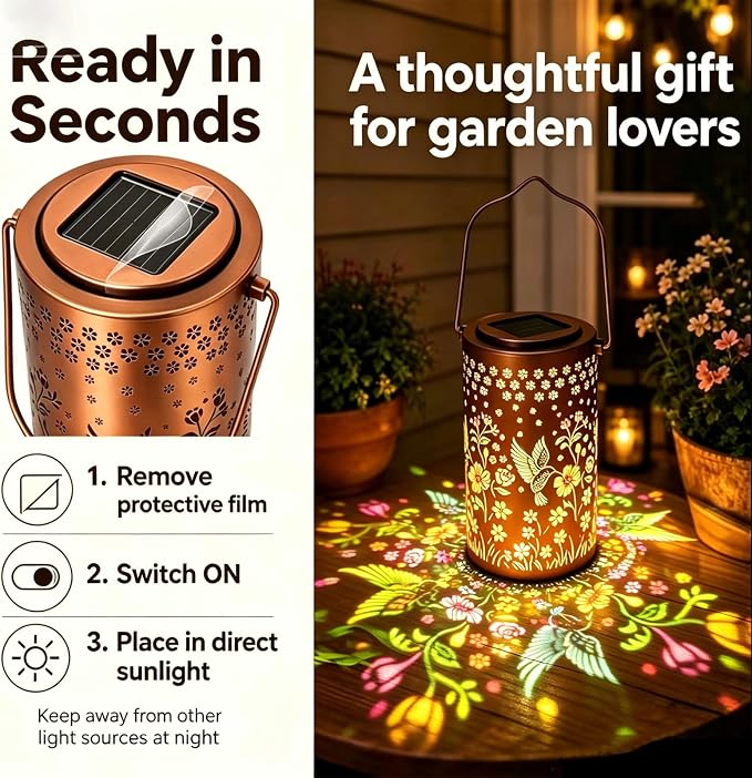 Hummingbird Colorful Solar Lantern Outdoor Waterproof, Garden Decor Gifts for Women Mom Grandma, Hanging Solar Lantern Lights Metal Decoration Outside for Yard, Patio, Backyard, Porch