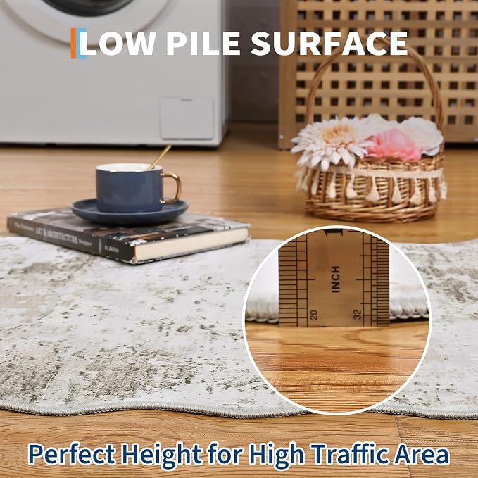 ROYHOME 2x6 Modern Abstract Scalloped Runner Rug Non Slip, Taupe | Soft Stain Resistant Low Pile Machine Washable Non Shed Rug for Hallway Kitchen Bathroom