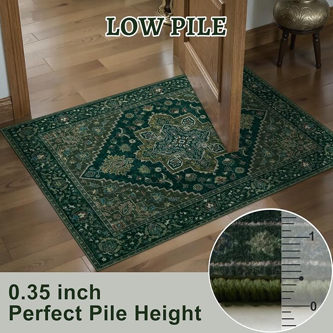 Tangsoo 3x5 Washable Rug Indoor Area Rugs, Vintage Non Slip Accent Rug Carpet, Oriental Soft Low Pile Rugs for Living Room Dorm Bedroom Bedside Entryway Bathroom Home Decor Dark Green