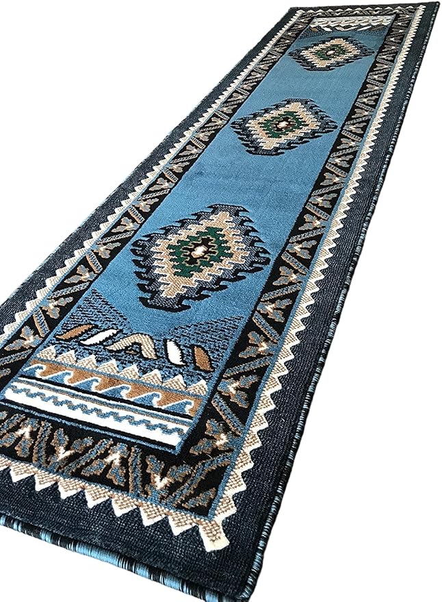 YHSF South West Native American Area Tribal Rug - Blue Green, 2' x 7' | Easy-Clean, Soft & Durable Tribal Rug for Living Room, Bedroom, Kitchen & More - Stain-Proof Runner for Home Decor