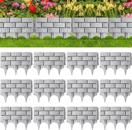 Landical 12 Pcs Imitation Stone Garden Fence, Faux Stone Retaining Wall Look Garden Bricks Border with Ground Stakes, 17.3 x 12.6 in Gray Plastic Edging Blocks for Flower Beds, Lawn, Mulch (Gray)
