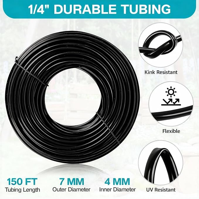 OnBrand 150FT Mister for Outside Patio with 55 Brass Nozzles and 5 T-Joints | Misting Cooling System with 3 Adapters 3/4" and 3 Seals, Outdoor Patio Mister for Party Greenhouse Trampoline Coop Waterpark