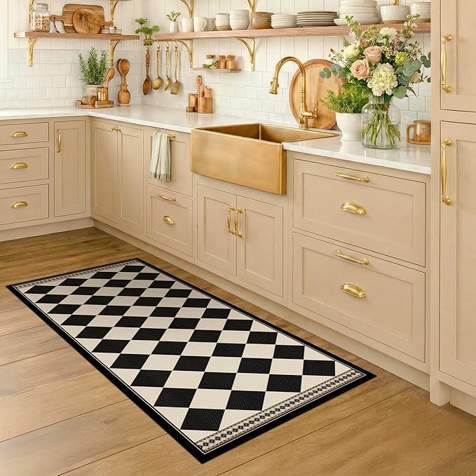 Black and White Checkered 2x5 Easy Jute Laundry Room Rug Runner, Laundry Floor Mat, Washable Non Slip Diamond Boho Carpet for Entryway, Bathroom, Kitchen, Checkerboard Modern Farmhouse Mat