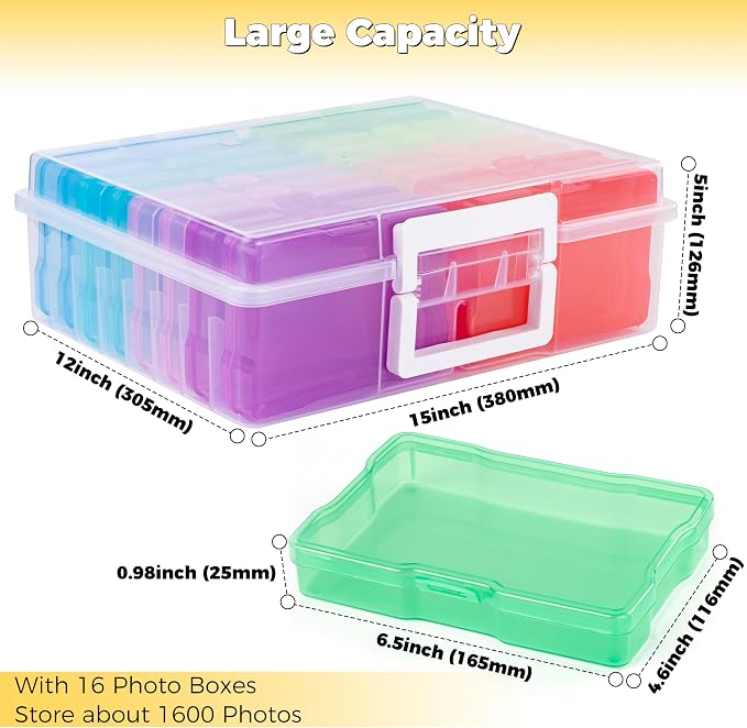 Plastic Clear Photo Storage Box Picture Storage Containers With Handle,16 inner 4×6 inch Photo Cases For Photos,Picture,Greeting Card,Stickers,Seed,Craft Supplies (Colorful)