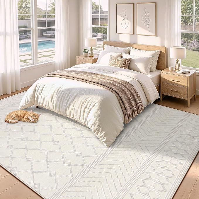 pmtsns Area Rugs 9x12 Washable Rug for Living Room(Beige, 9'x12') | Modern Geometric Moroccan Large Rugs Non-Slip Soft Stain Resistant Rug Indoor Printed Carpet for Bedroom Dining Room Nursery