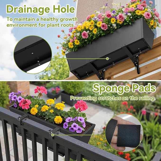 Railing Planter Box 36 Inch - Heavy Duty Metal Window Boxes, Deck Railing Planter Boxes with Adjustable Bracket & Drainage, Hanging Planter for Deck Railing Balcony & Patio